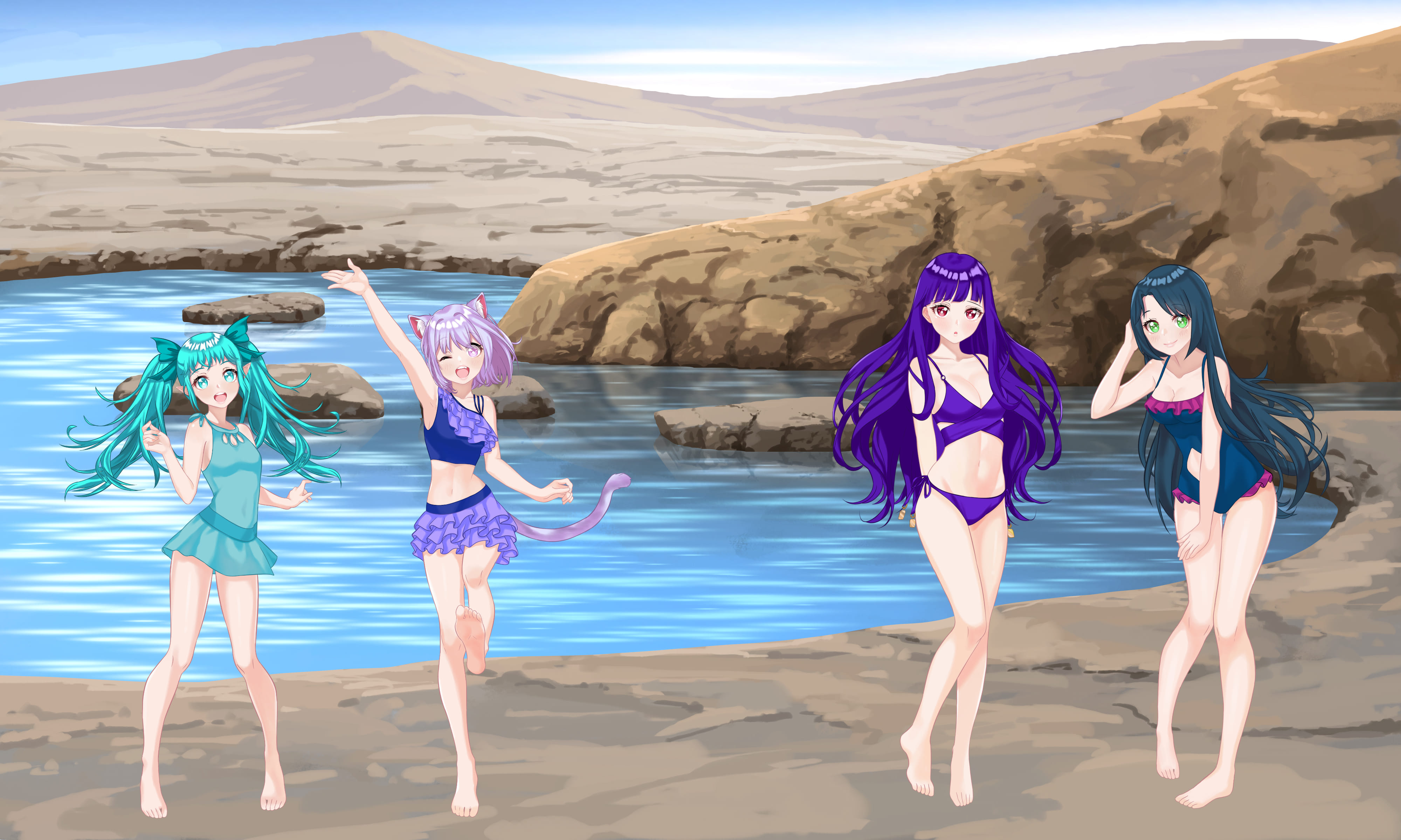 Laya, Alisha, Tylith, and Belle from a left to right order in swimsuits by a small body of water and with brown rocky terrain in the background